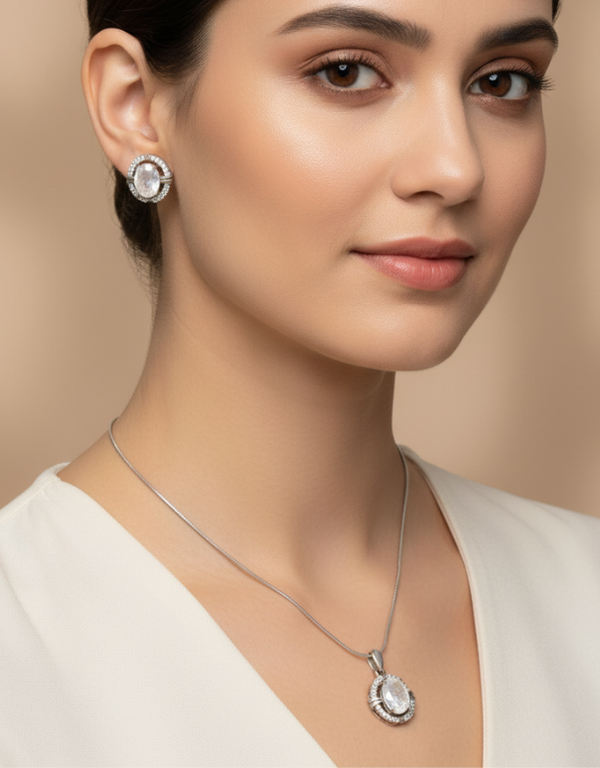 Solitaire Oval Rhodium Pendant With Earrings