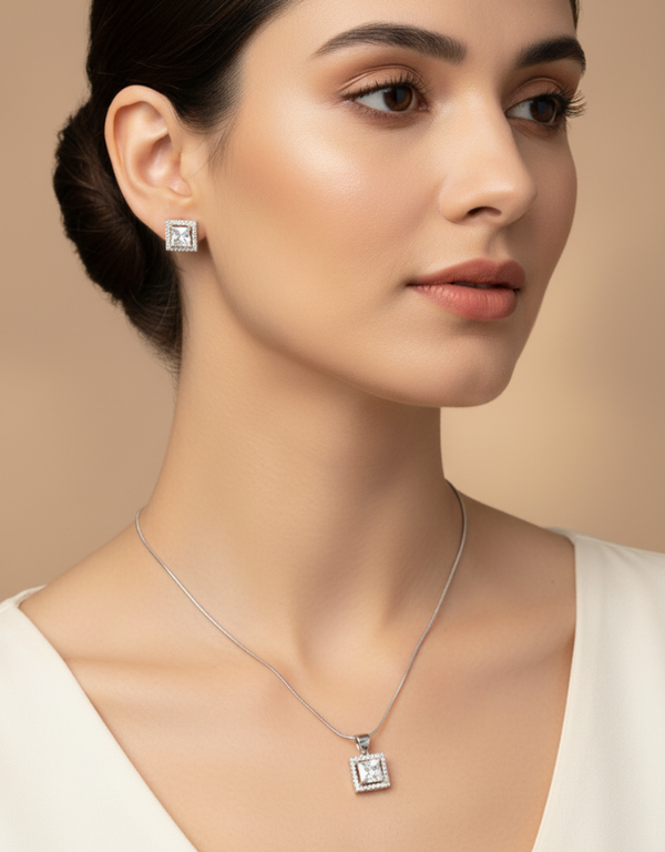 Radiant Square Pendant With Earrings