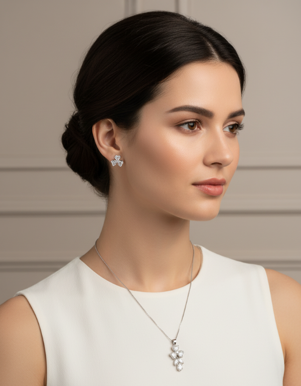 Classic Floral Pendant With Link Chain And Earrings