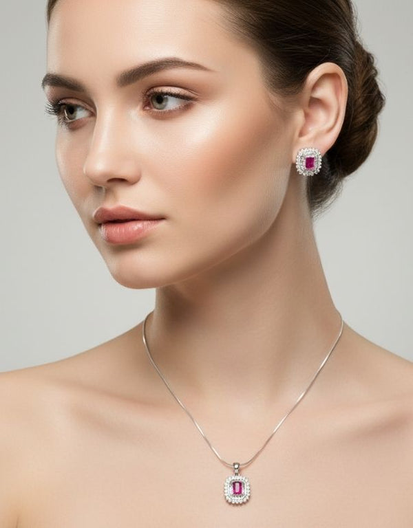 Rectangle Diamond Charm Necklace With Earrings